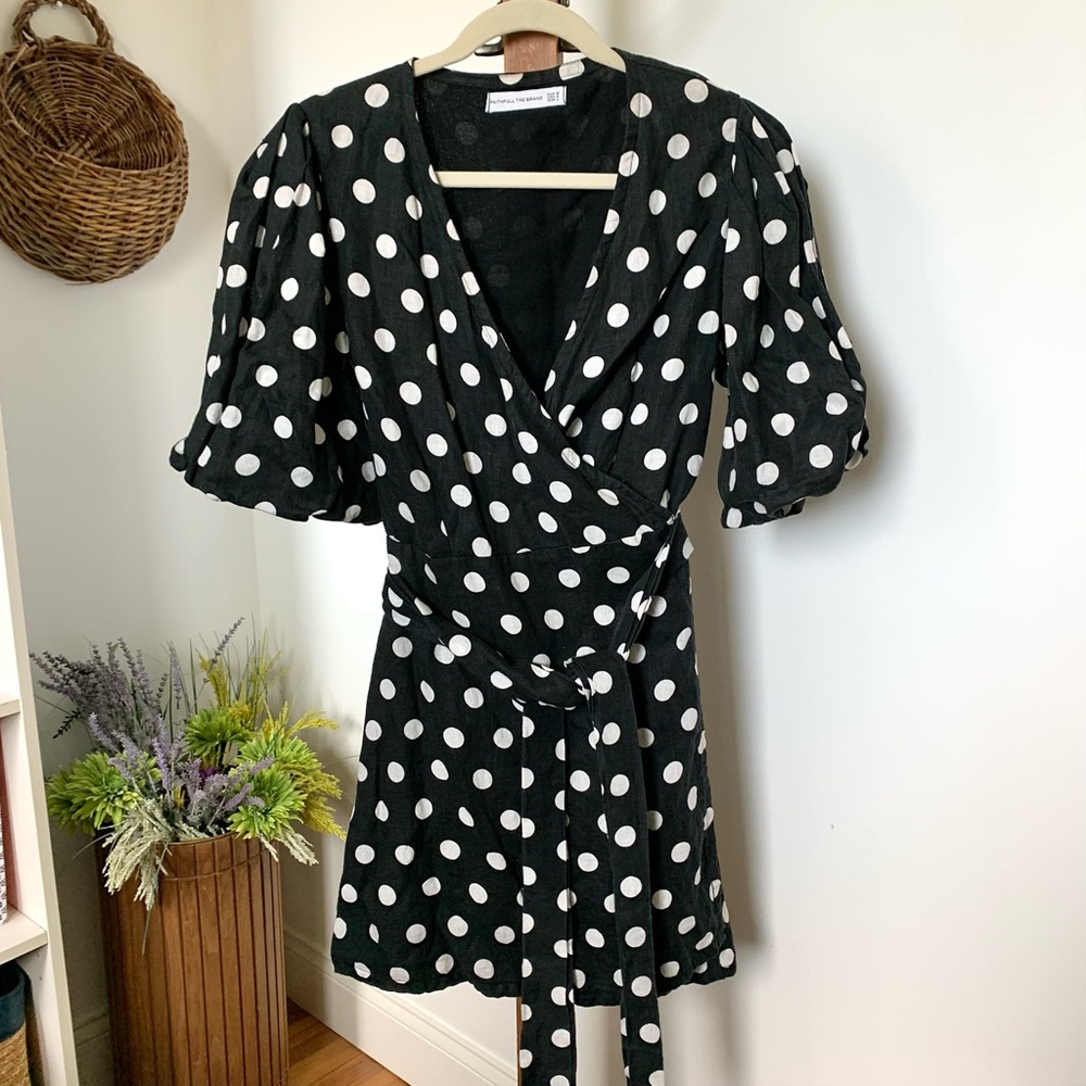 Faithful the Brand Godiva Wrap Linen Dress Black & White Polka Dot US 8 - Picture 4 of 15